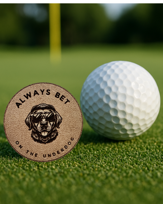 Golf Ball Marker- "Always Bet on the Under Dog" (Golden Retriever With Glasses)